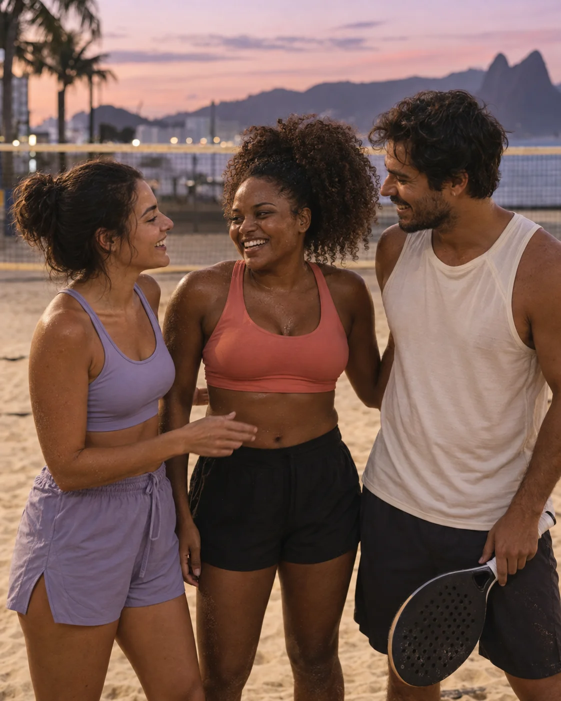 Três pessoas conversam depois de uma partida de beach tennis. Fotografia ilustrativa.